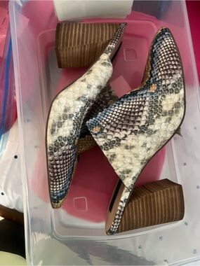 Steven By Steve Madden Snake-Print Block Heel Mules in Cream and Brown